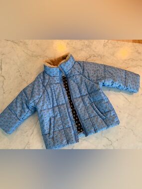 Sea New York Light Blue Floral Puffer Jacket with Faux-Fur Trim